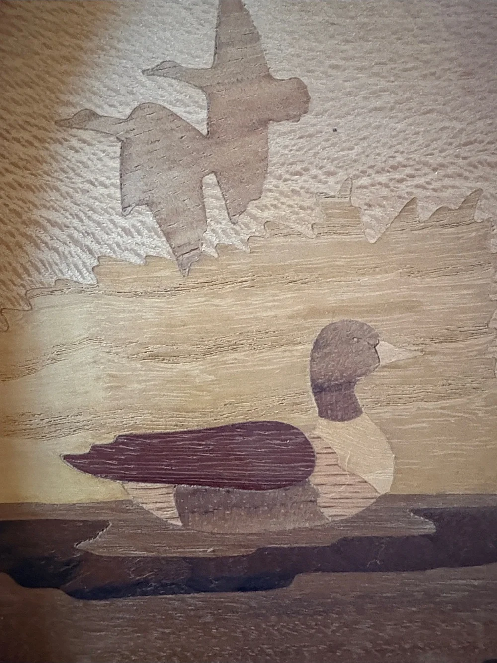 Wood Inlay Duck Plaque Wall Art - Brown & Tan Oval